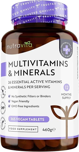 Multivitamins & Minerals - 365 Vegan Multivitamin Tablets - 1 Year Supply - Multivitamin Tablets for Men and Women with 26 Essential Active Vitamins & Minerals - Made in The UK by Nutravita