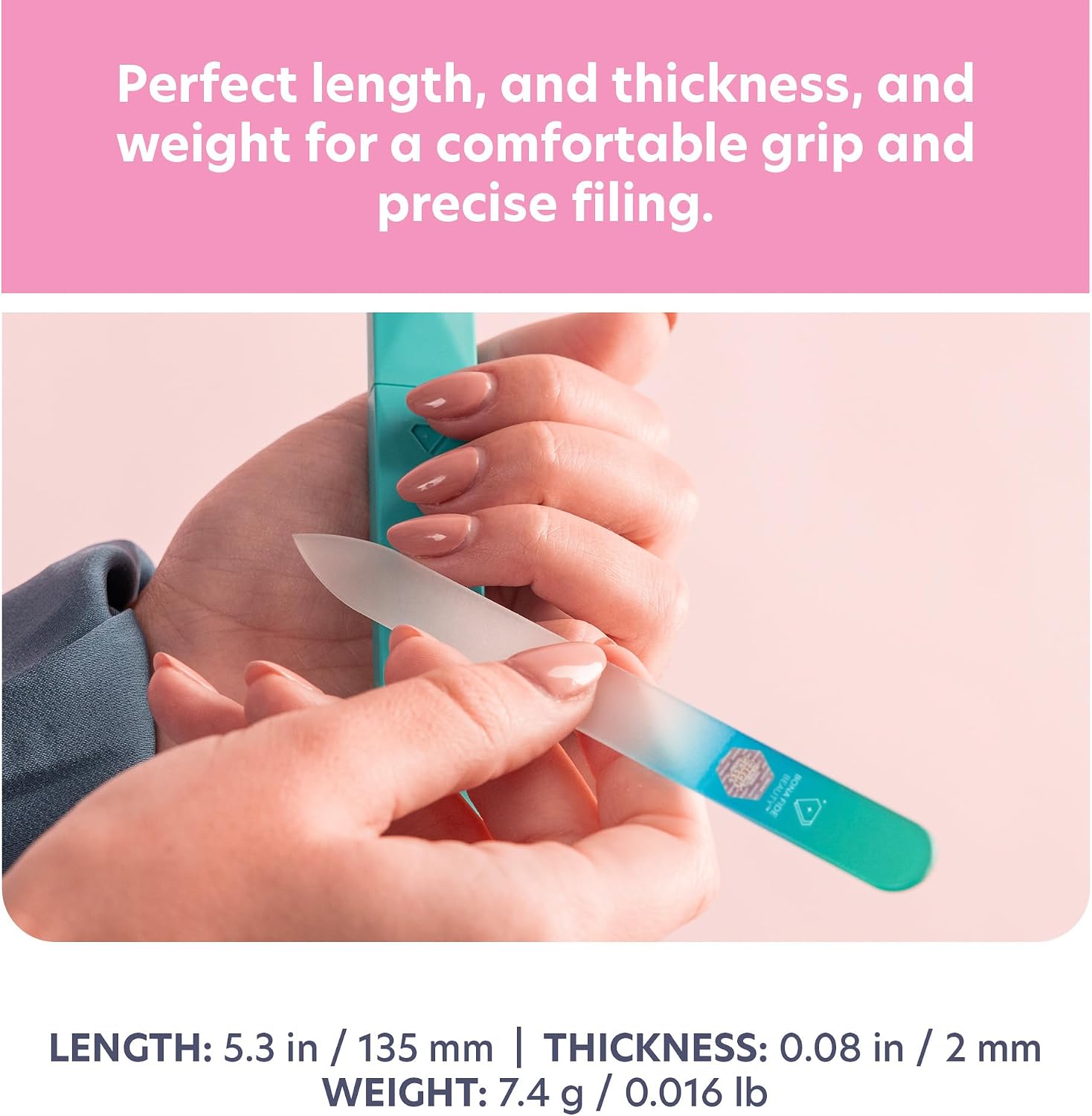Bona Fide Beauty Glass Nail File with Case (Aqua) - 1 Piece Luxurious Gifts for Women, Crystal Etched Nail File for Natural Nails