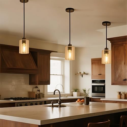 Miniatura 7 de MAYNA Paquete de 1 lámpara colgante moderna, lámpara colgante de granja negra con pantalla de vidrio transparente, lámparas colgantes de altura