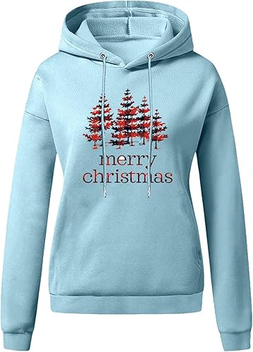 Miniatura 3 de Sudadera con capucha con estampado de árbol de Navidad para mujer, talla grande, manga larga, cuello alto, cordón, sudadera con capucha de Feliz