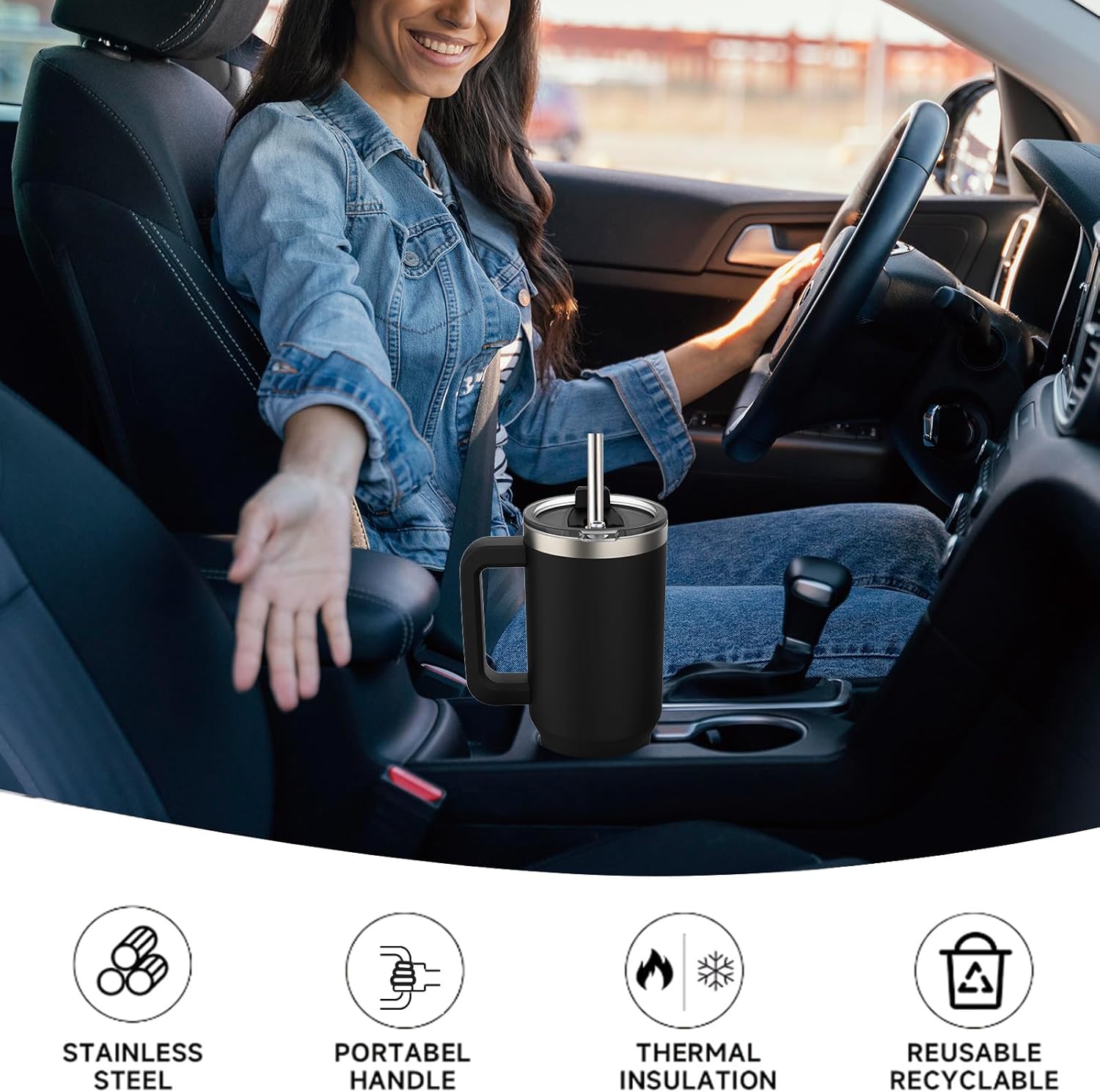 30 oz Tumbler with Handle,Tumbler with Lid and Straw,Double Wall Insulated Cup Stainless Steel Travel Mug(Cold for 34 Hours),Water Bottle for Iced Tea,Coffee,Cold Beverages(Black) - Image 6