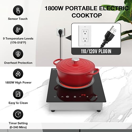 Miniatura 3 de Cocina eléctrica de un solo quemador, estufa eléctrica de 110 V 1800 W con control táctil LED, estufa portátil 9 niveles de potencia, temporizador