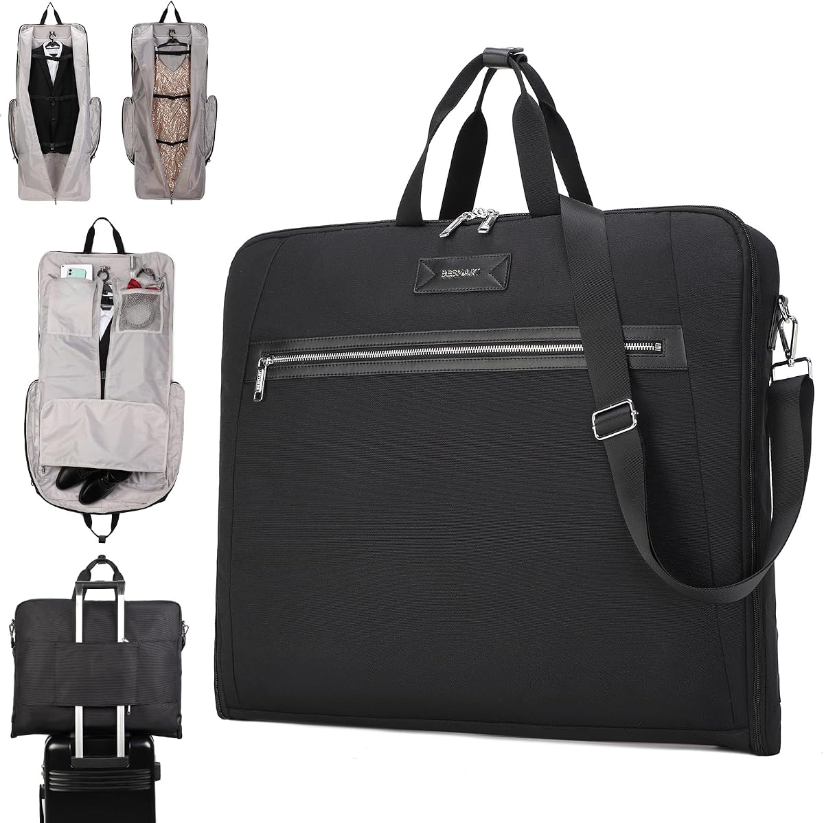 Garment Bags for Travel, 51" Large Suit Bag for Business Trips | Waterproof,Hangs 3 Suits,Foldable,Wrinkle Free Spacious Luggage Suit Cover,Adjustable Strap,Carry On Flight Approved,Black