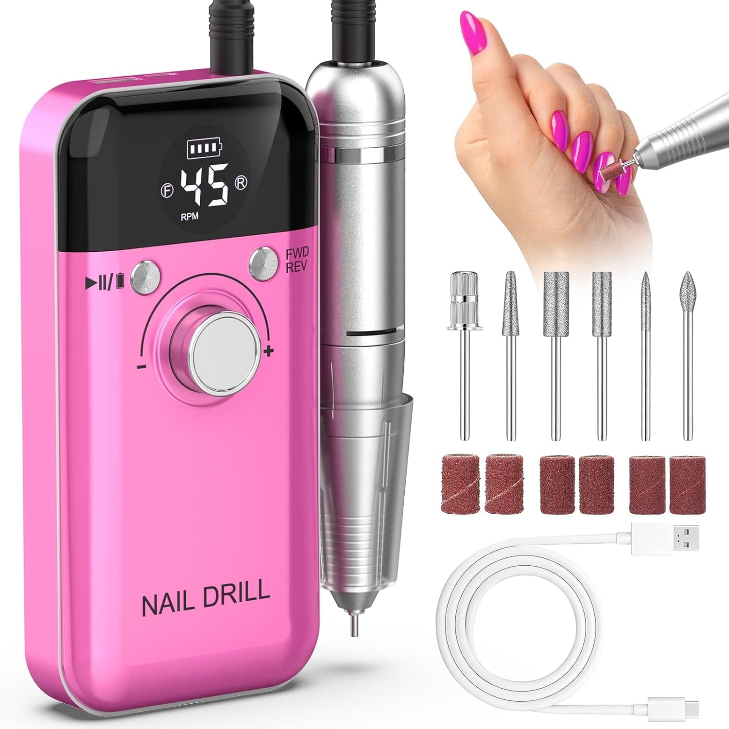 Portable Nail Drill Professional: 45000 RPM Rechargeable Electric Nail Drills Machine with 6 Bits, Drill para Uñas Profesional E File for Acrylic, Gel Nails, Manicure & Pedicure – Salon & Home Use Portable Nail Drill Professional: 45000 RPM Rechargeable Electric Nail Drills Machine with 6 Bits, Drill para Uñas Profesional E File for Acrylic, Gel Nails, Manicure & Pedicure – Salon & Home Use