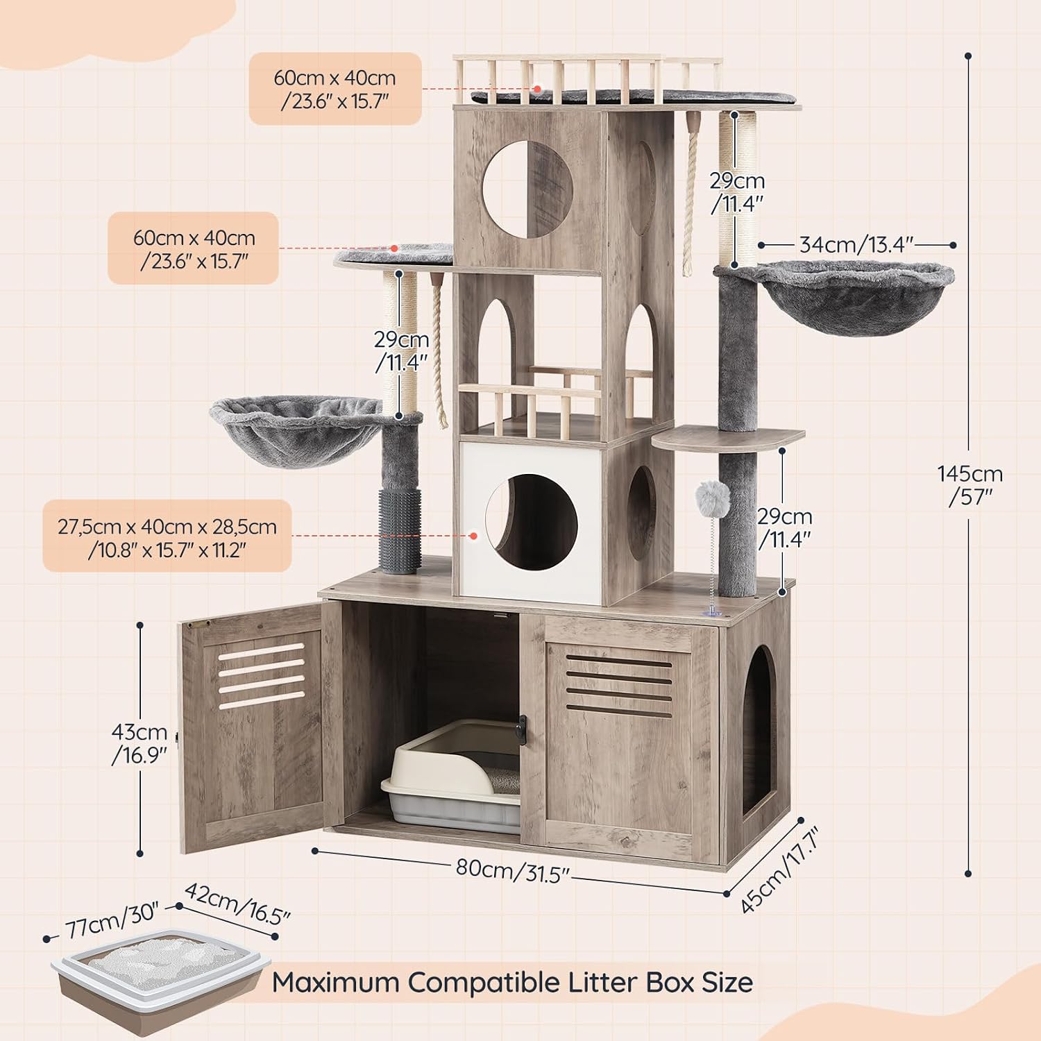 HOOBRO Cat Tree with Litter Box Enclosure, 31.5" L x 17.7" W x 57" H, Cat Tower with Hidden Litter Box, Cat Furniture for Indoor Cats, Cat Condos, Scratching Posts, Hammocks, Greige BG33MZ03