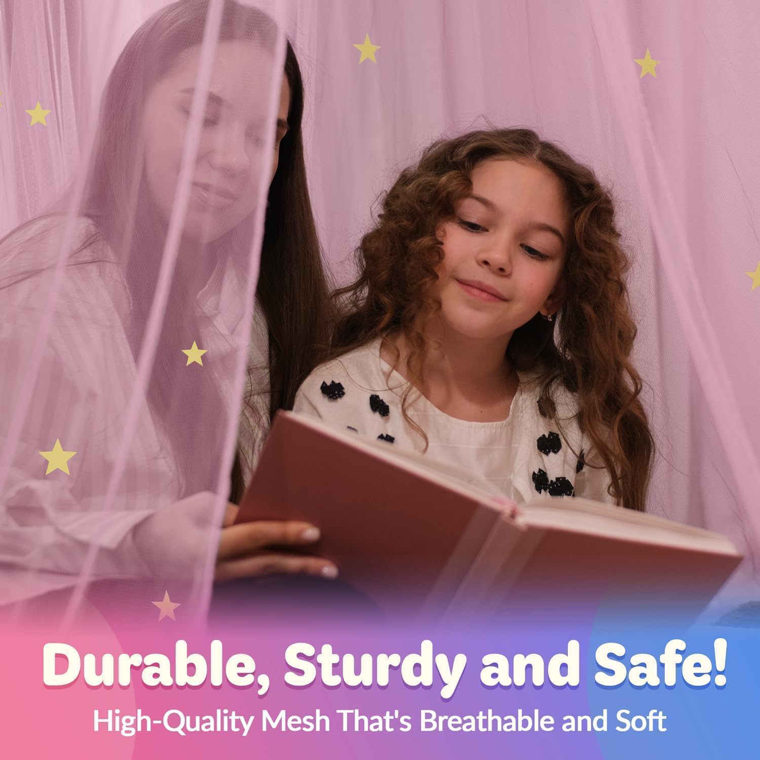 Pink Bed Canopy for Girls with Glowing Stars - Premium Canopy Bed Curtains | Fits Single, Twin, Full, Queen Size Kids Bed, Princess Netting Room Decor, Ceiling Tent to Cover Toddler, Canopy for Bed - Image 4