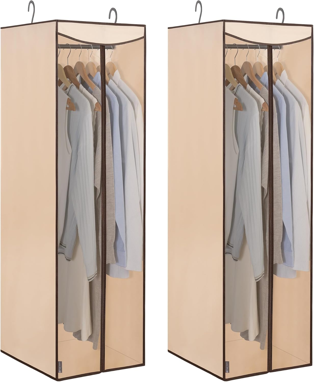 STORAGE MANIAC 2-Pack Hanging Garment Bag Zipper Cover with Sealed Clear Window, Long Garment Cover for Closet Storage Wardrobe Clothes Protector, Large Garment Storage Bag for Dresses,Suits, Beige