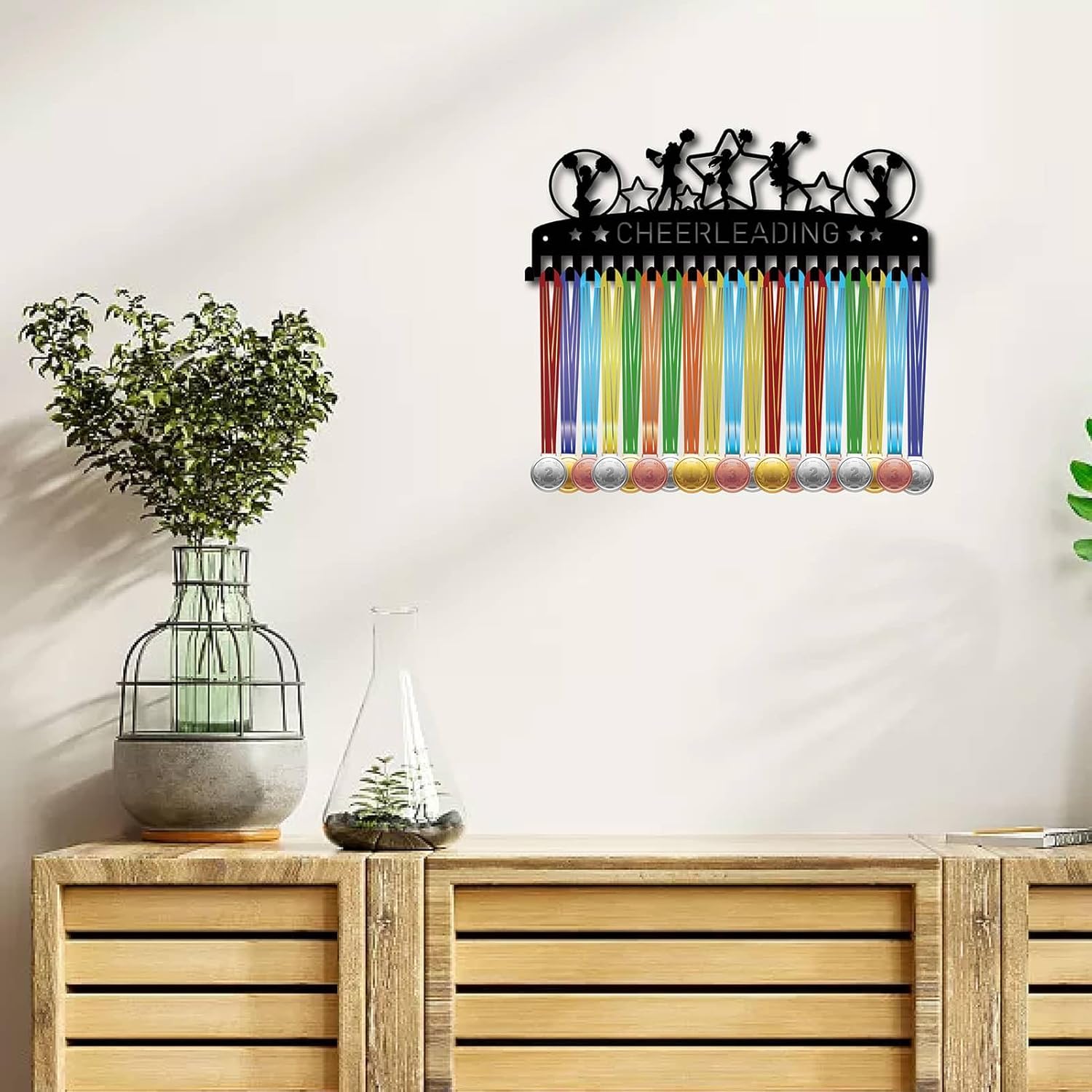 CREATCABIN Cheerleading Medal Holder Display Dance Medal Hanger Rack Sports Metal Hanging Awards Iron Mount Decor with 20 Hooks for Wall Home Race Running Gymnastics Swimming Black 15.7 x 5.9Inch