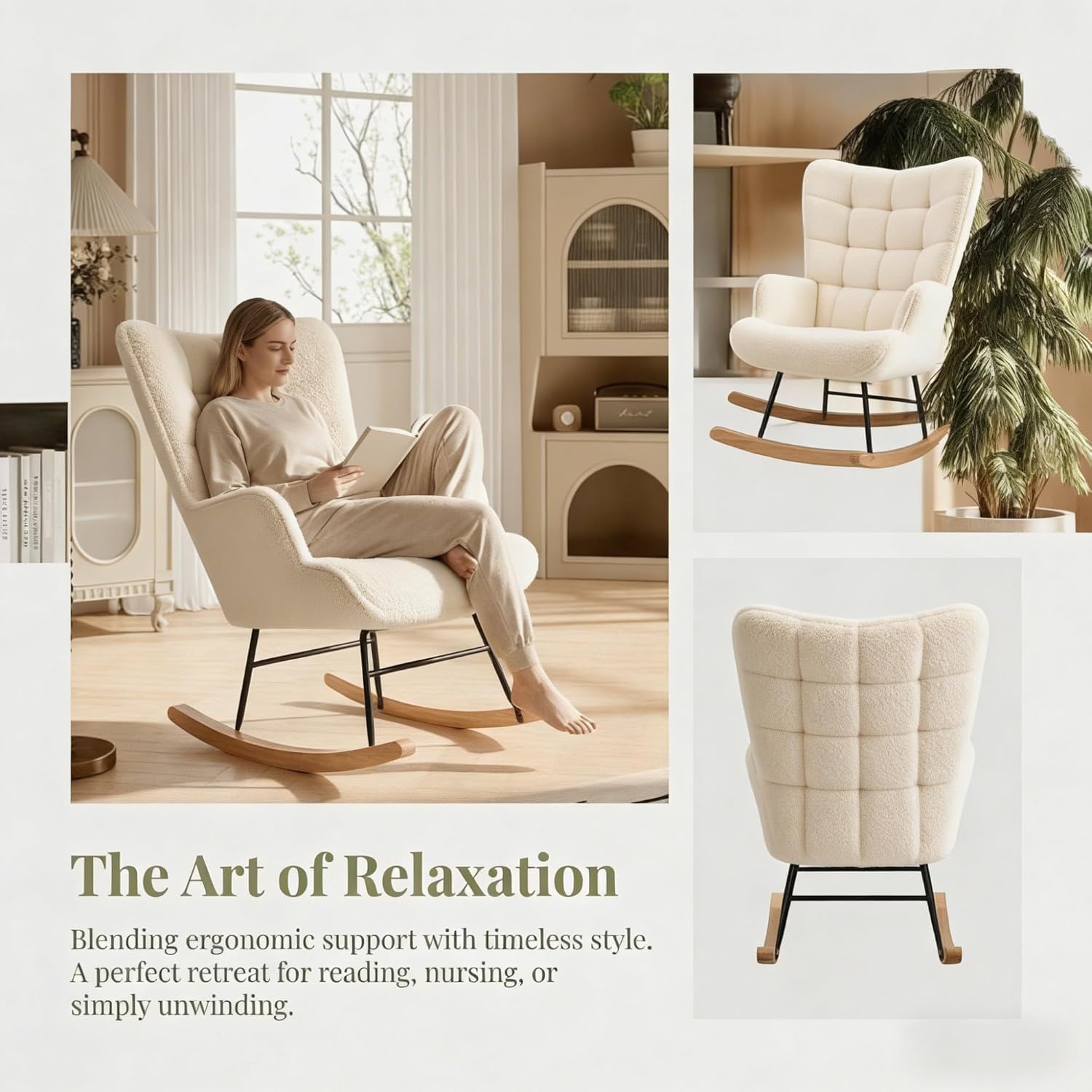LONELYO Fauteuil à Bascule, Rocking Chair en Tissu Teddy Beige, Fauteuil de Salon avec Assise Rembourrée, Dossier Carré avec Accoudoirs Confortables, Idéal pour Salon et Chambre, Coin Lecture