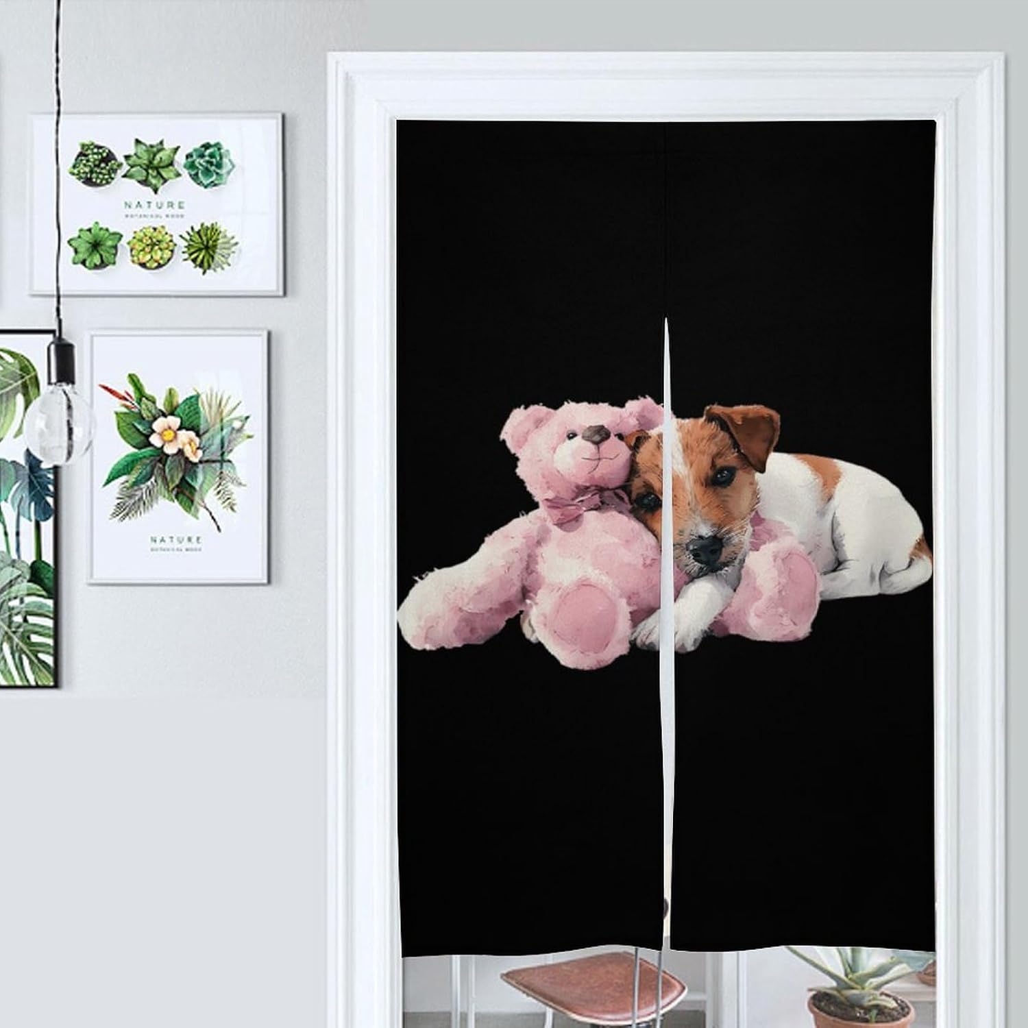 Jack Russell Puppy Teddy Bear Doorway Curtain Insulated Room Divider Drapes | white linen,privacy curtains