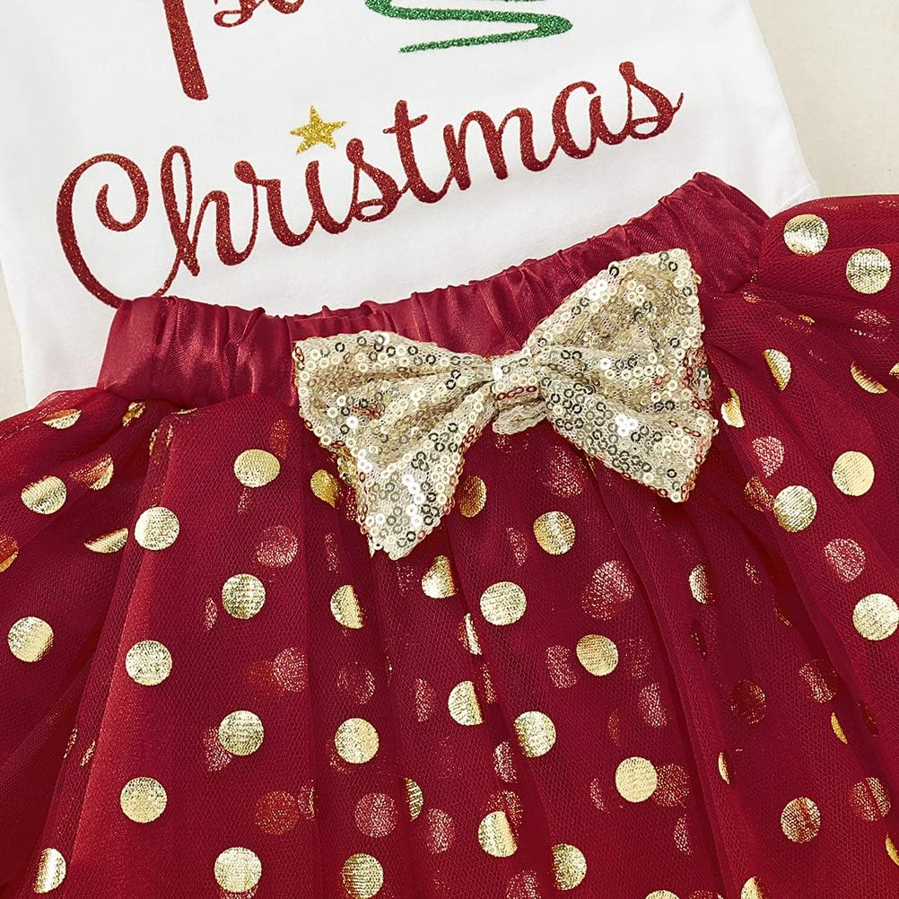 3Pcs My 1st Christmas Baby Girl Clothes Long Sleeve Romper Bodysuit Tutu Dress with Headband Outfit Set