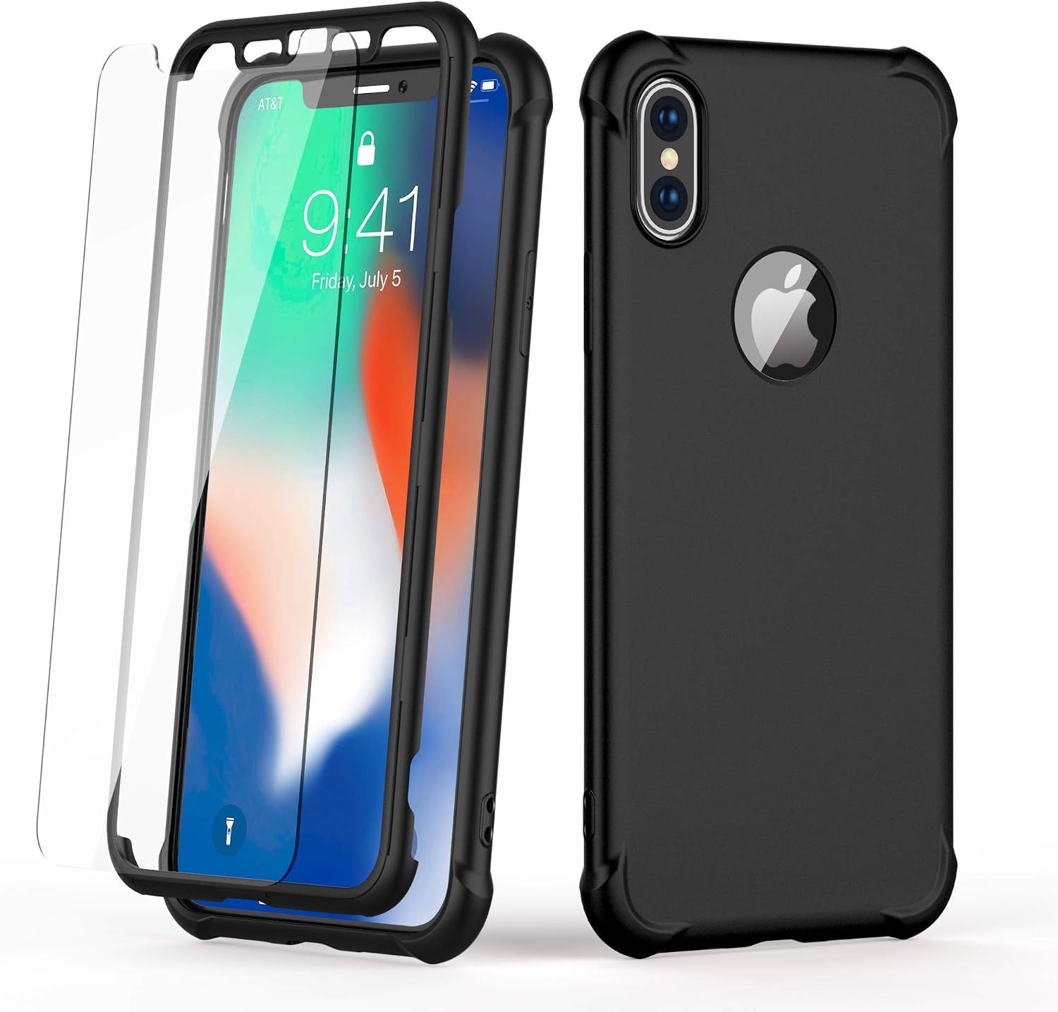 ORETECH Designed for iPhone Xs Max Case,with[2 x Tempered Glass Screen Protector] 360° Full Body Shockproof Protective Cover Ultra Thin Hard PC Soft Rubber Silicone Case for iPhone Xs Max-Black
