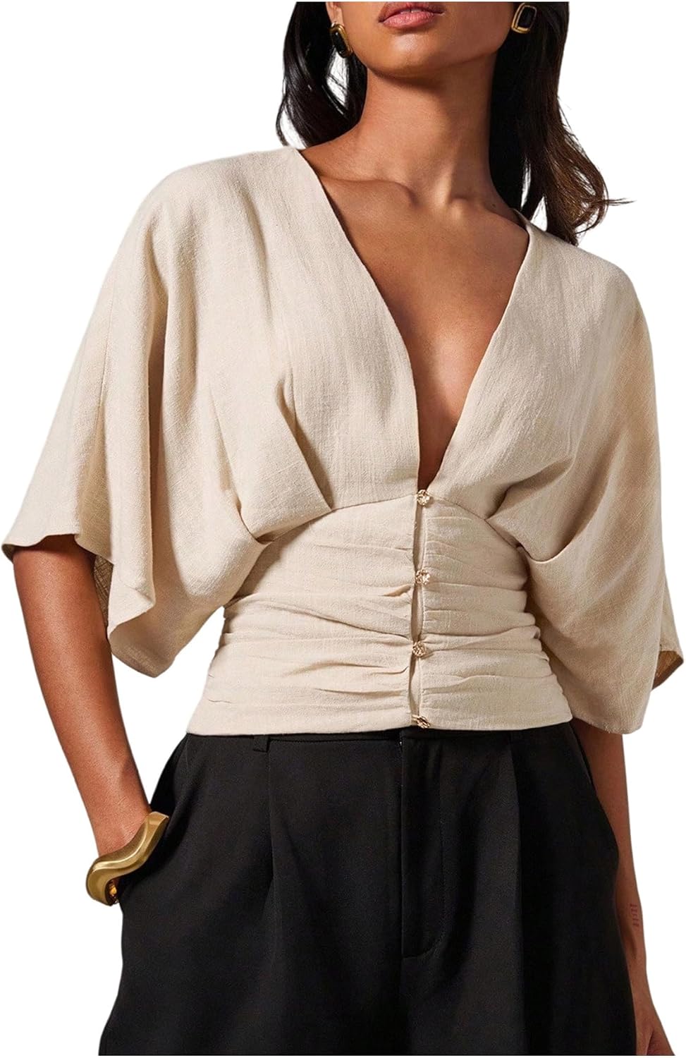 SHENHE Women's Deep V Neck Cinched Waist Linen Blouse Button Dolman Sleeve Dressy Top Shirt