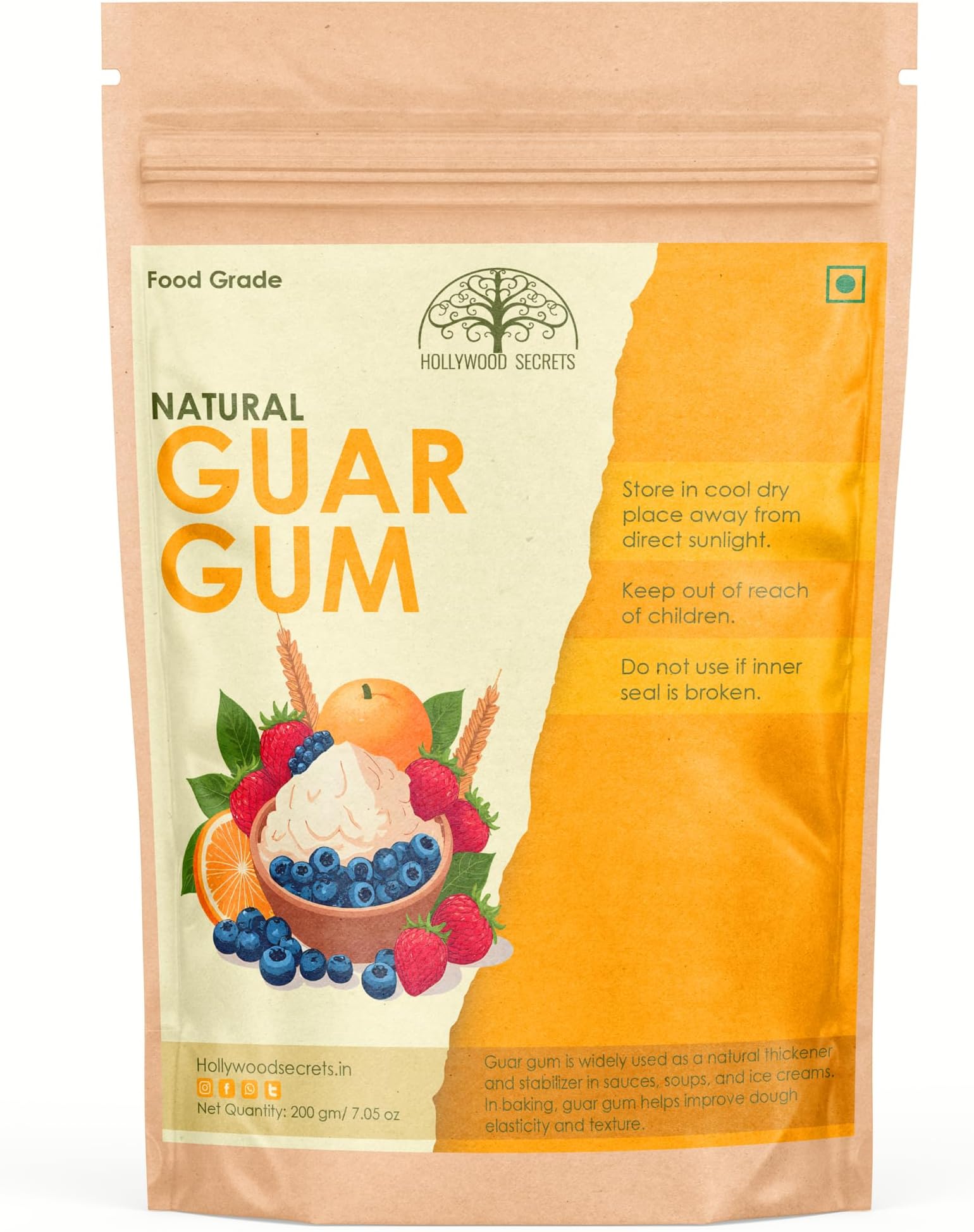 Hollywood Secrets Guar Gum Powder Food Grade 200gm | Natural Thickening Agent | Edible, Gluten-Free, Vegan | For Baking, Ice Cream, Indian Recipes