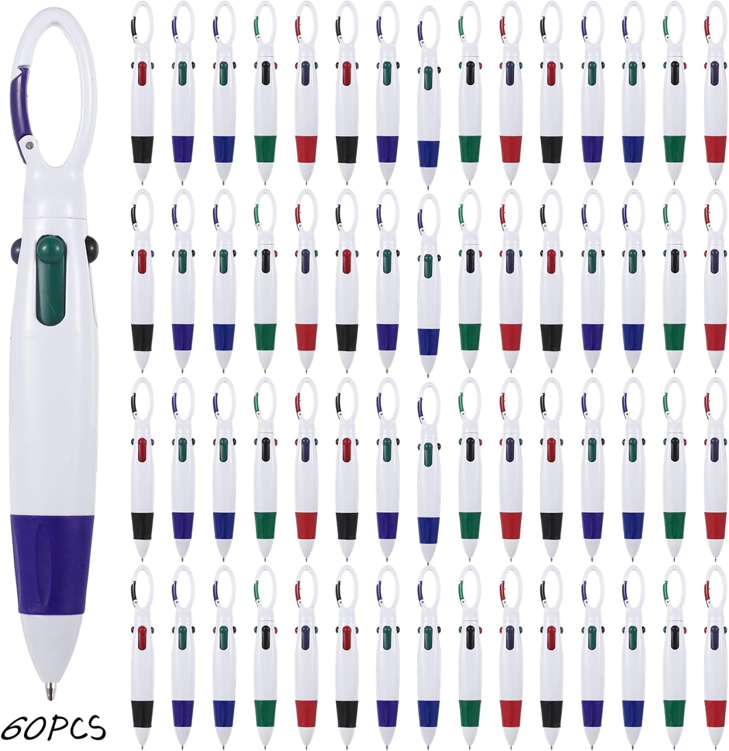60PCS Retractable Shuttle Pens with Carabiner Clips, Multicolored Ink 4 in 1 Ballpoint Pens for Adults Students Nurses, Nurse Pens Bulk, Party Favors Goody Bag Stuffers Carnival Prizes