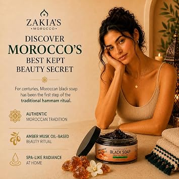 Zakia's Morocco Black Soap (Beldi Soap) with Amber Musk - 100% natural Moroccan Black Soap, Body Scrub, Pure & Natural, Purifying, Cleansing, exfoliating for Hammam Ritual- 8.0 Oz / 226gr