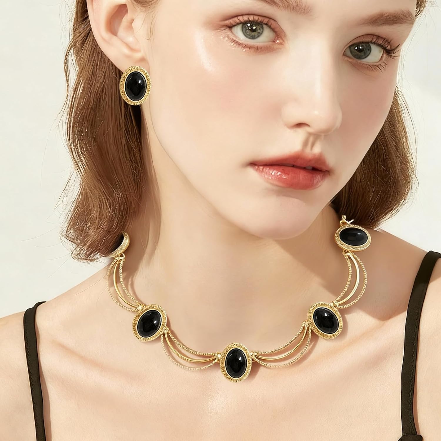 Black and Gold Jewelry Sets for Women, Gold Plated Textured Metal Necklace and Earrings Set with Deep Black Oval Stones, Coordinated Accessories for Wedding Party Gala - Image 5