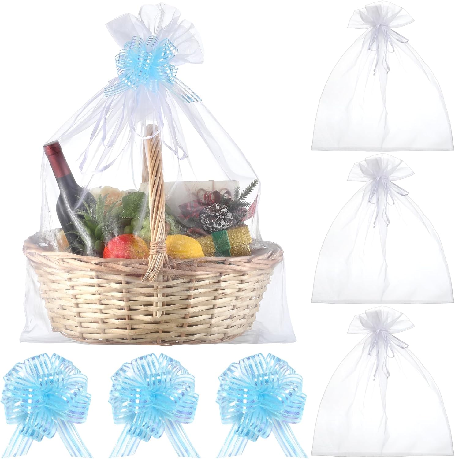 Zeyune 3 Sets Oversized White Organza Bags 24 x 30 Inch Extra Large Drawstring Organza Bags with Pull Bow Mesh Drawstring Gifts Pouches Gift Basket Wrapping Pouches for Mother's Day Wedding(Blue)