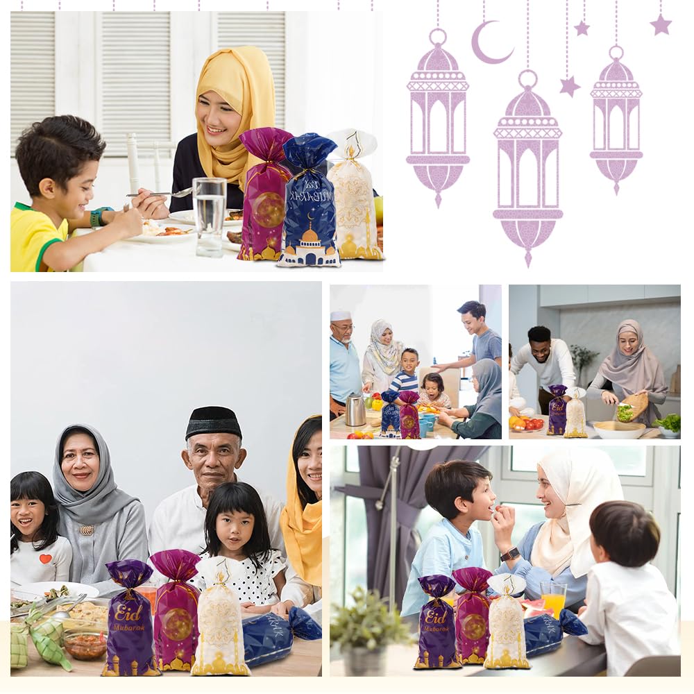 Eid Mubarak Treat Bags, 120 PCS Ramadan Goodie Bags, Eid Mubarak Gift Bag, Plastic Ramadan Candy Cookie Snack Treat Bag with Twist Ties Gifts for Islam Muslim Ramadan Party Decorations Favor Supplies