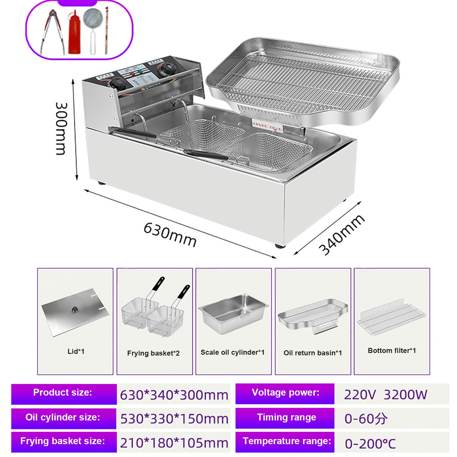 Friggitrice Elettrica Da Banco In Acciaio Inossidabile Da 20 Litri Con 2 Cestelli E Coperchi Per Patatine Per Ristorante, Domestica,Temperatura Regolabile (60-200 ℃) + Temporizzazione (0-60 Minuti)