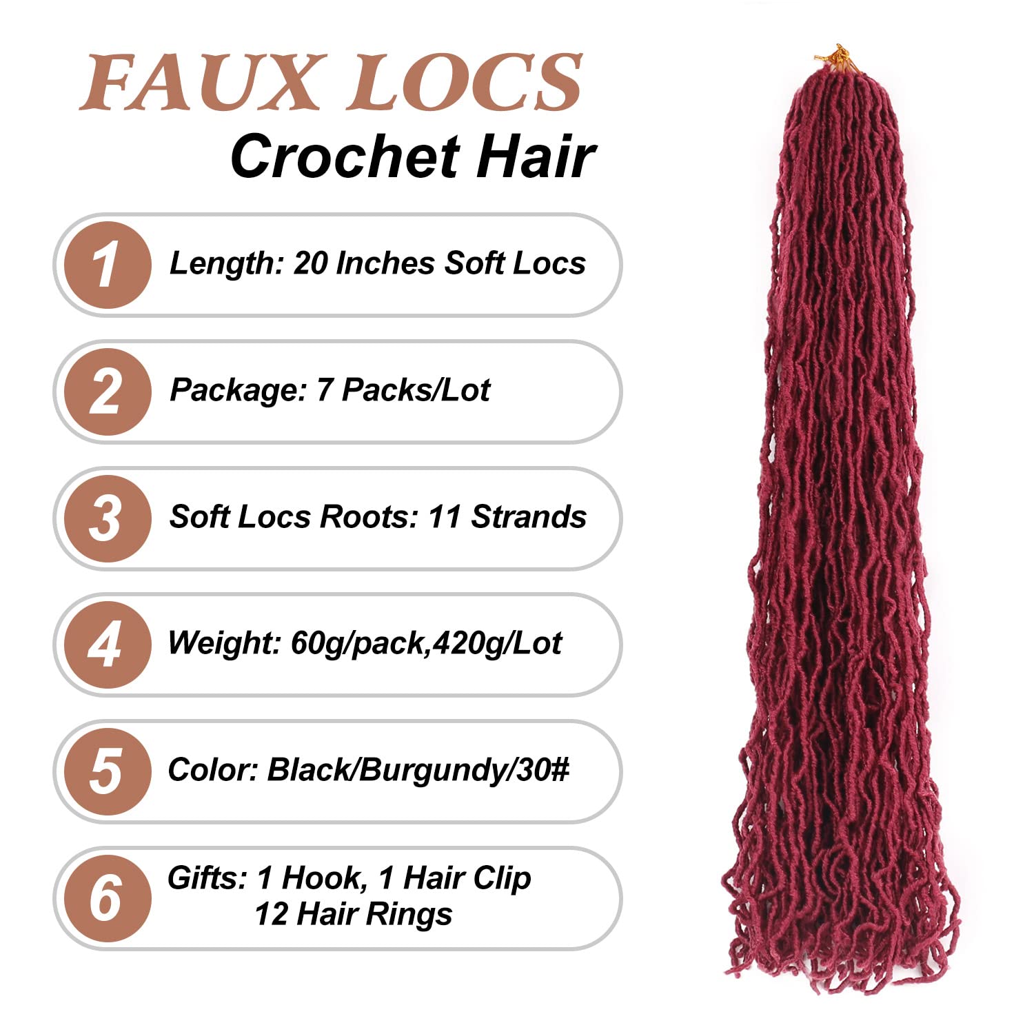 Faux Locs Crochet Hair Burgundy Soft Locs 20 Inch Pre Looped Crochet Braids 7 Packs Goddess Locs Crochet Hair Extensions for Black Women and Girls (20 Inch (Packs of 7), BUG#)