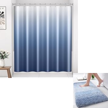 Arotive Microfiber Bathroom Rugs and Fabric Ombre Shower Curtain with 12 Hooks, Bath Mat Size 24x16 in Light Blue and Shower Curtain 72x72 in Blue Gradient, 2 Item Bundle