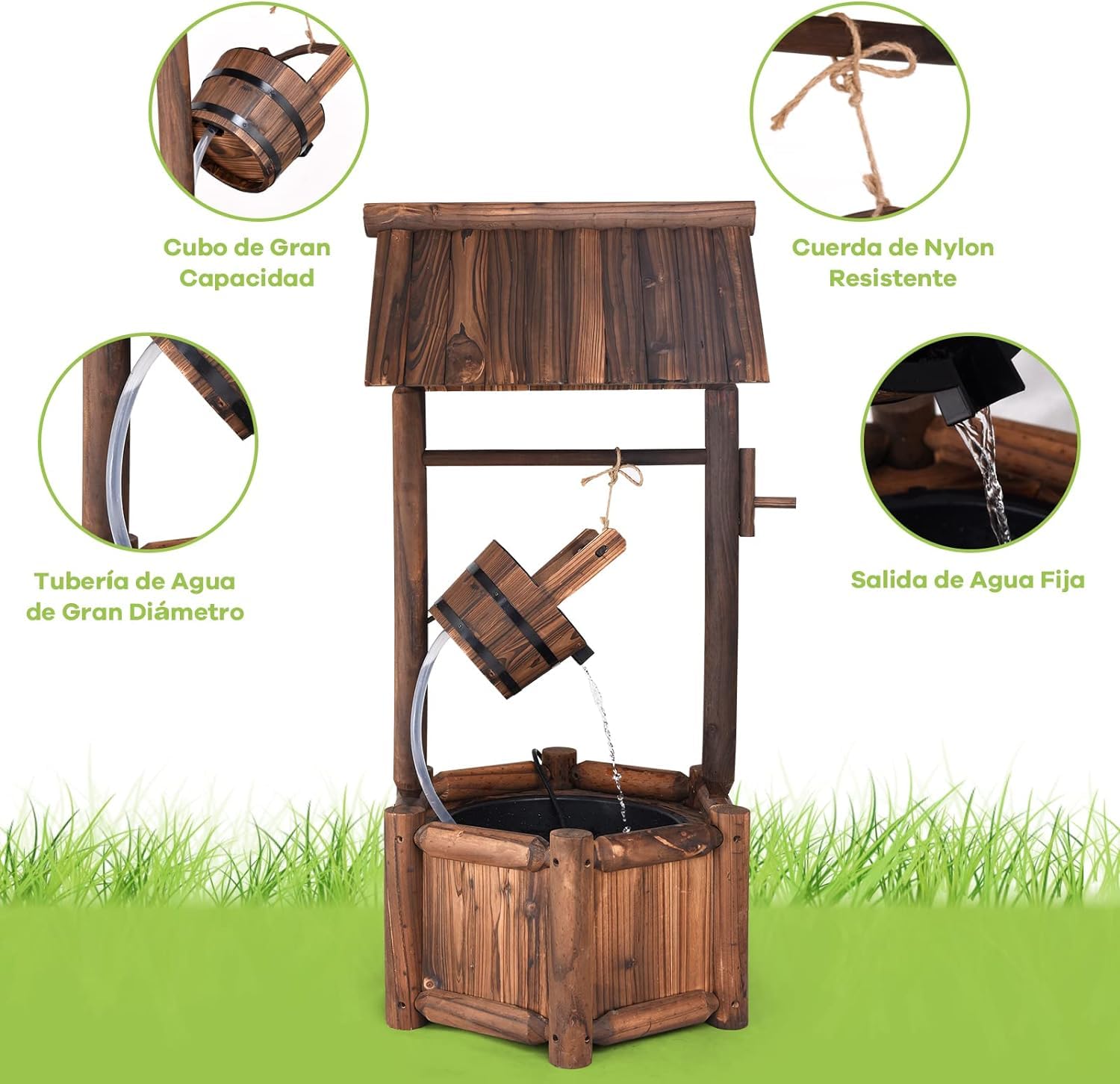 GOPLUS Fuente Jardín Exterior de Madera de Abeto, Pozo Decorativo de Deseos, con Bomba Eléctrica, para Jardín Patio, 58,5×56×117cm, Marrón Rústico