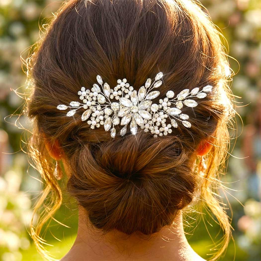 HEREAD Rhinestone Bride Wedding Hair Comb Silver Crystal Bridal Hair Pieces Flower Hair Accessories for Women (Silver)