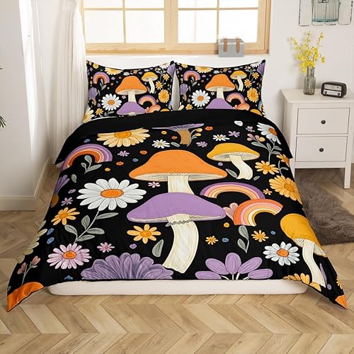 Miniatura 12 de Juego de funda de edredón Kawaii de hongos bohemios, juego de cama para el sol, funda de edredón hippie con diseño floral y groovy, tamaño Multi