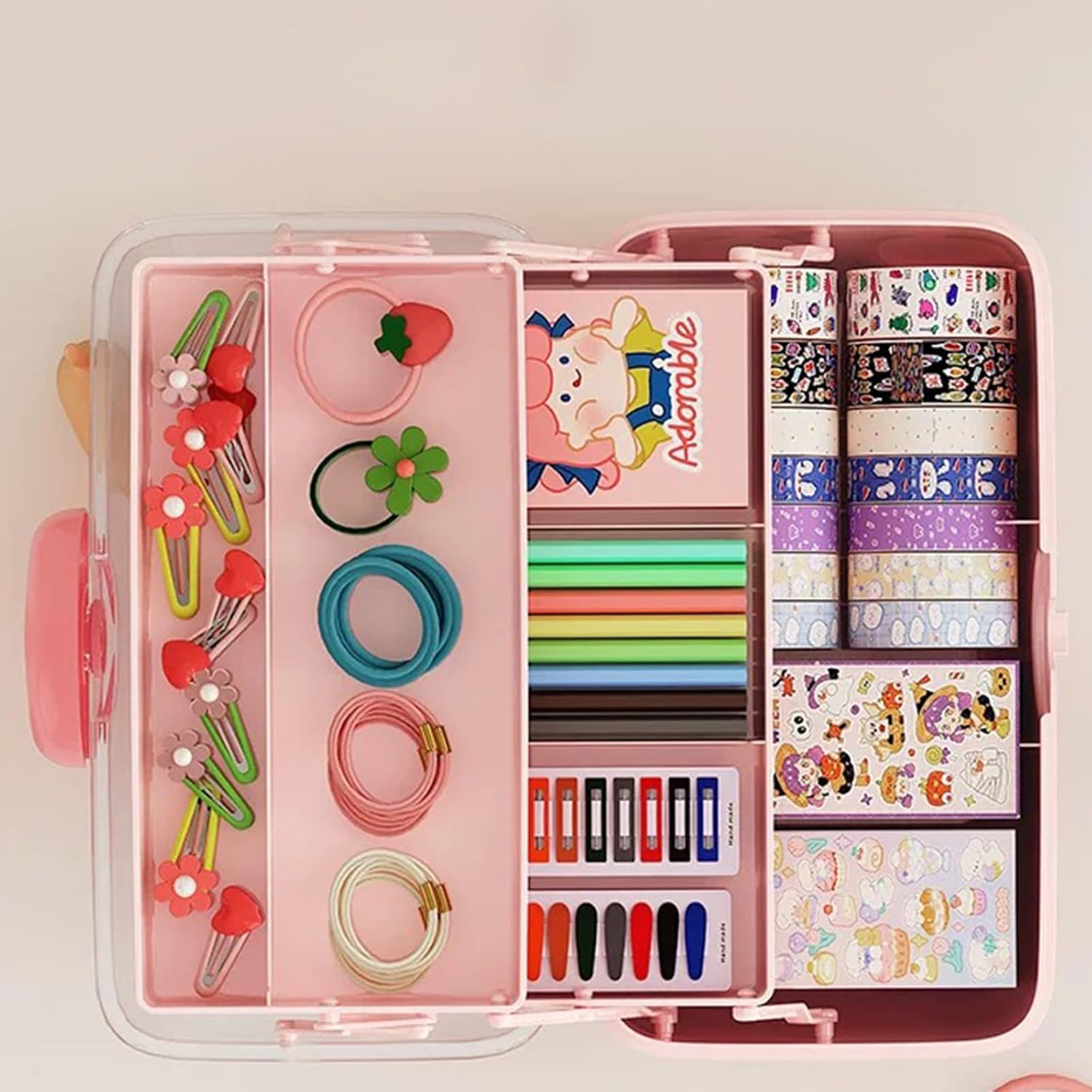 Hair Accessories Storage Box, Rabbit Organizer Box, 3 Layers Multipurpose Organizer, Jewelry Box, Plastic Hair Ties Holder Hair Clips Container (Pink)