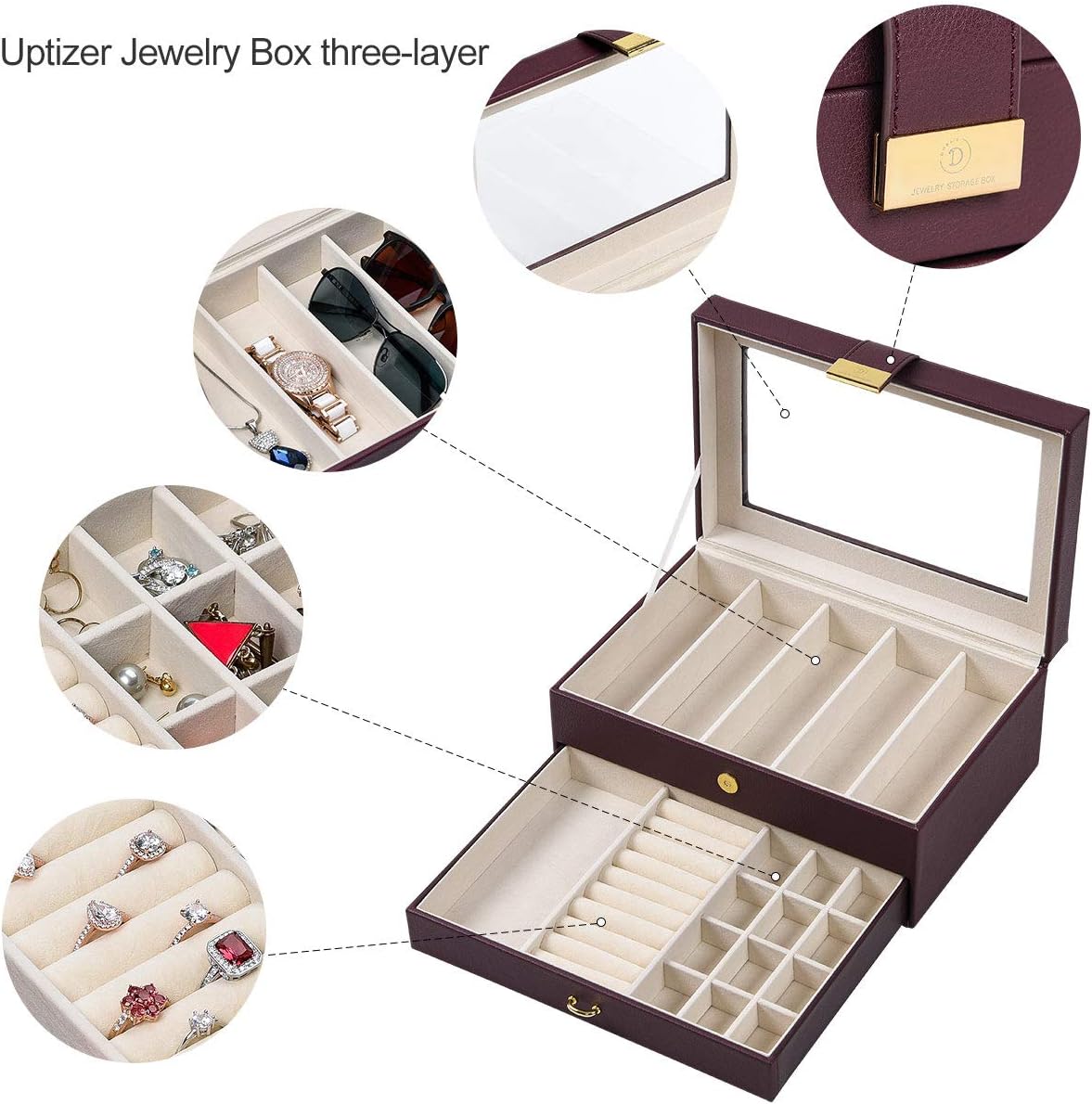 Uptizer Women's Jewelry Box, Leather Jewelry Storage Box 06, 2-Layer Jewelry Box with Casement Window Jewelry Storage Box for Necklaces, Bracelets, Rings (wine red): Home Improvement