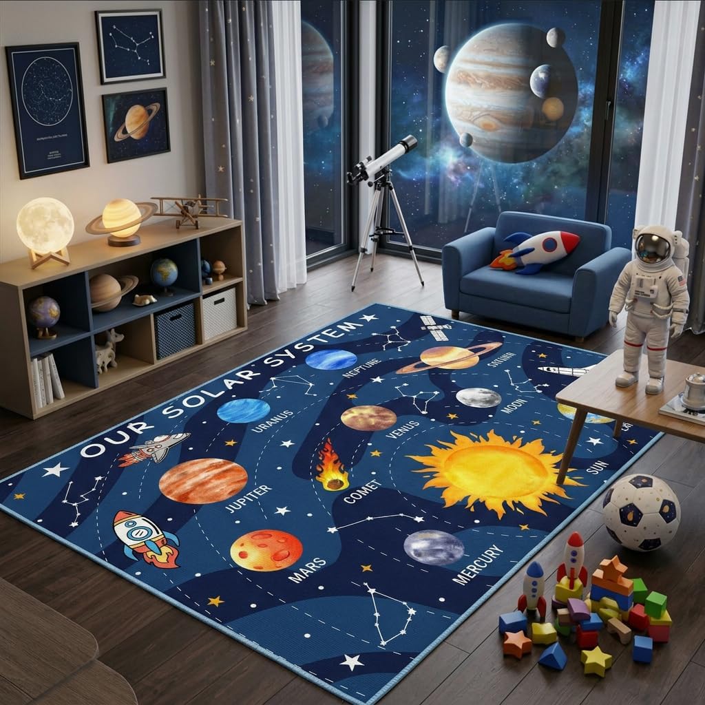 Outer Space Kids Rug for Boys Room, Playroom, Classroom, Nursery, Daycare, Educational Solar Planets Play Rug for Kids Children Toddler Leaning Galaxy - 3x5 Ft, Cartoon Blue
