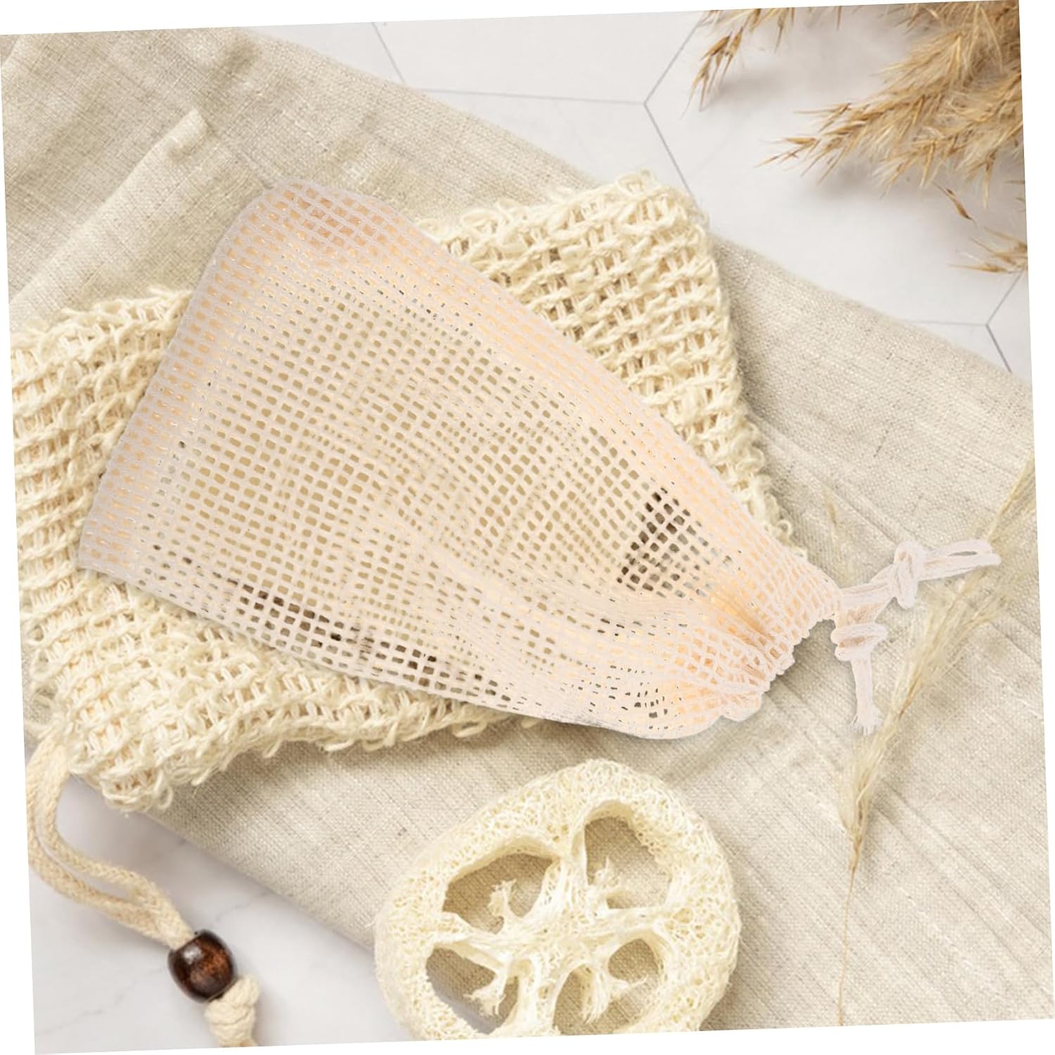Generic 5Pcs Natural Sisal Soap Pouch Net Exfoliating Mesh Holder for Body Facial Cleansing Drawstring Design for Bath Shower Gentle Skin Beige