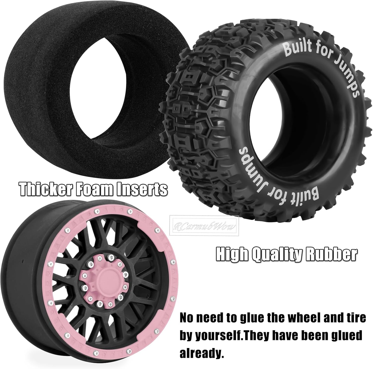 1/8 1/10 17mm Hex RC Truck Tires,Wheels and Tires for 1/10 E-Revo T-Maxx Summit Kraton Outcast Monster Truck,Buggy Rubber Tyres and Rims w/Foam Insert for RC Off-Road Car,Black-Pink