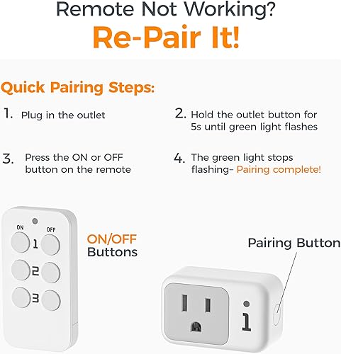 Miniatura 2 de Enchufe con Control Remoto, Interruptor de Luz Eléctrica TESSAN, Enchufe de Pared con Interruptor de Encendido/Apagado para Luces de Cadena de