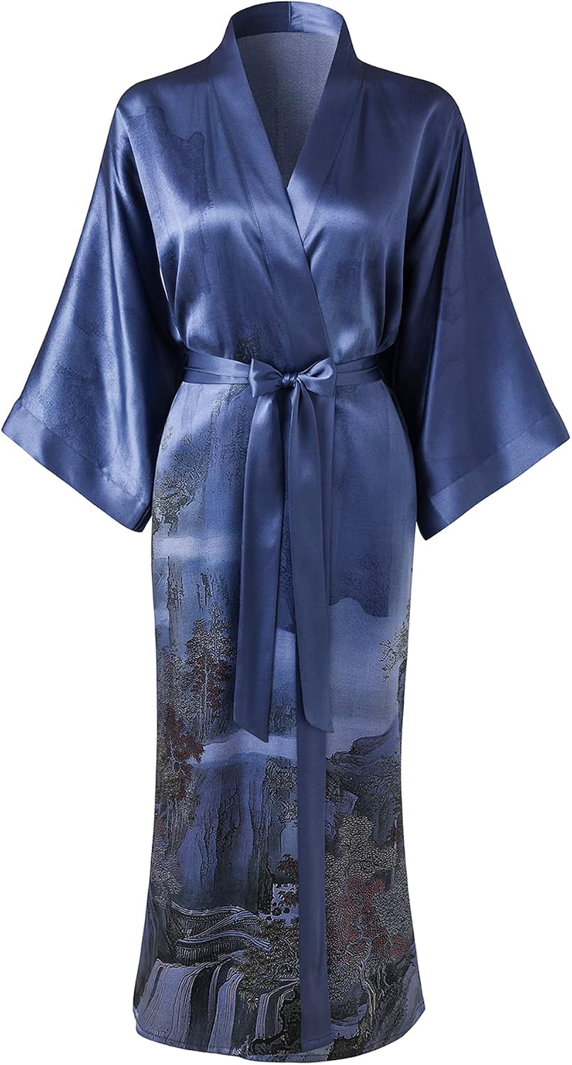 Ledamon Women's 100% Silk Kimono Long Robe - Classic Colors and Prints