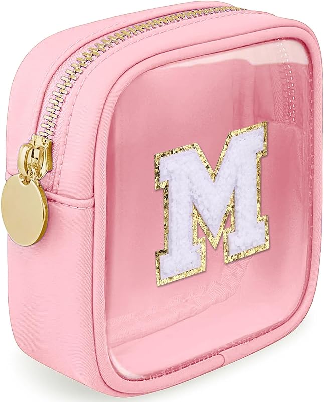 Necessaire pequena transparente LOFOWN com zíper, letra M, rosa, tamanho M