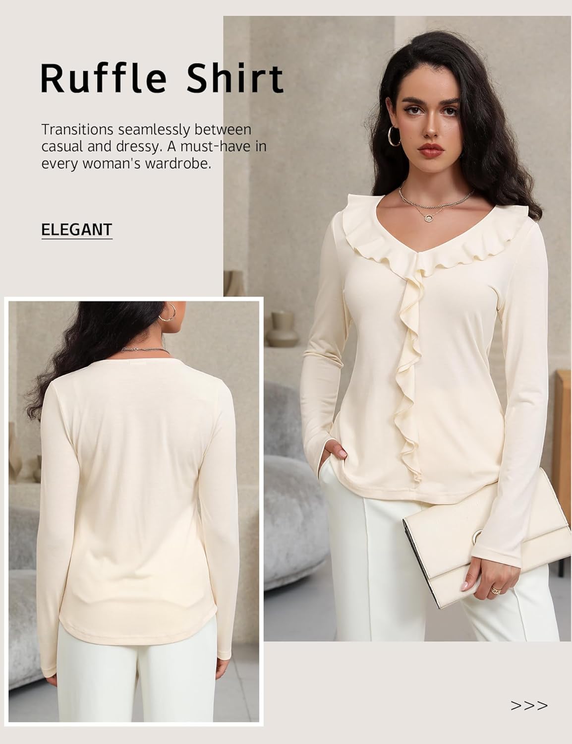 Women's Long Sleeve Shirts Dressy Casual V Neck Ruffle Knit Tunic Tops 2025 Fall Trendy Work Blouse - Image 4