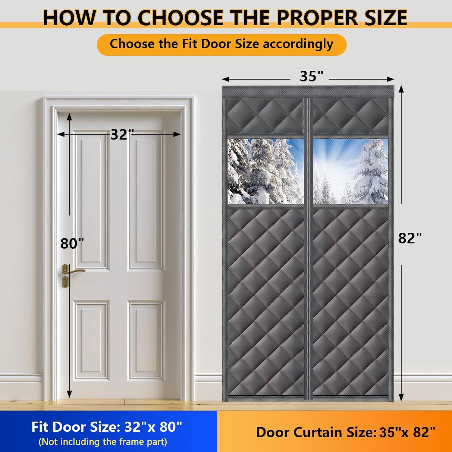 Magnetic Thermal Insulated Door Curtain, Oxford Cloth Filled with Thickened Cotton, Fits Door Size 32“ x 80” Windproof Door Screen with Visible Window, Winter Door Cover Curtain Keeps Cold Drafts Out