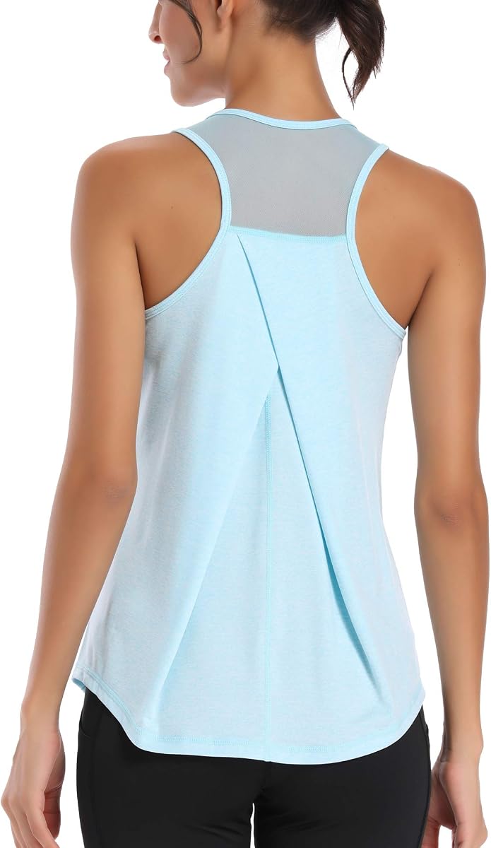 Aeuui Camisetas de entrenamiento para mujer con espalda cruzada, camisetas de malla para yoga, camisetas atléticas para correr, sin mangas, ropa de gimnasio
