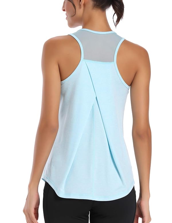 Aeuui Workout Tops for Women Mesh Racerback Tank Yoga Shirts Gym Clothes Light Blue, Small by Aeuui - Used condition - US$12.94