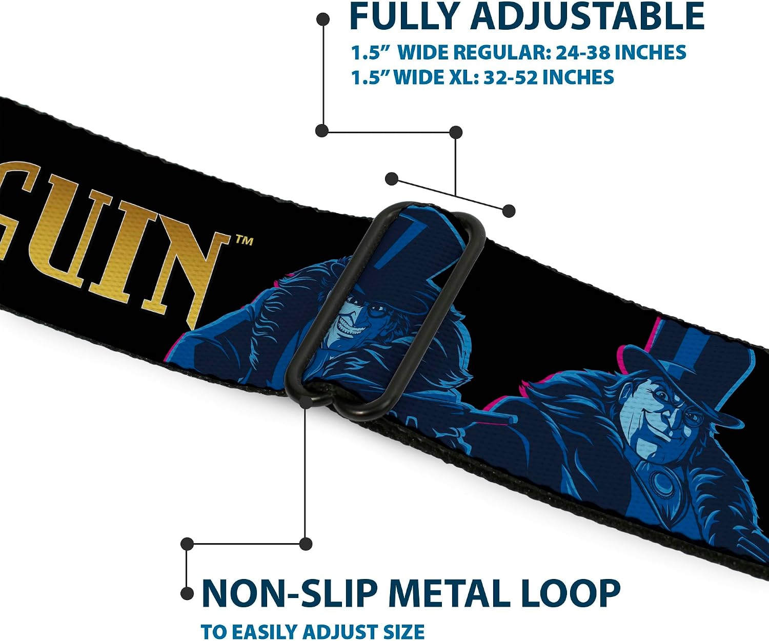 DC Comics Belt, Seatbelt Buckle, DC Batman Villain the Penguin Poses Title Logo