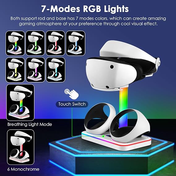 Charging Stand for PlayStation VR2, Charging Station for PSVR 2 with VR Headset Display Stand, Controller Charging Dock for PS5 VR2 with LED-Charging Indicator, 7 Light Mode, Type-C Cable
