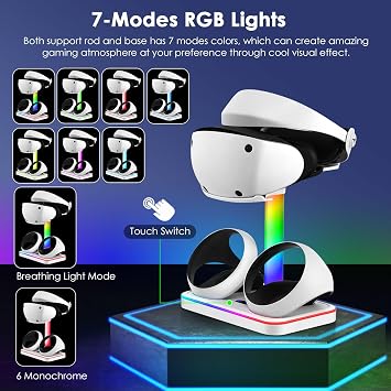 Charging Stand for PlayStation VR2, Charging Station for PSVR 2 with VR Headset Display Stand, Controller Charging Dock for PS5 VR2 with LED-Charging Indicator, 7 Light Mode, Type-C Cable