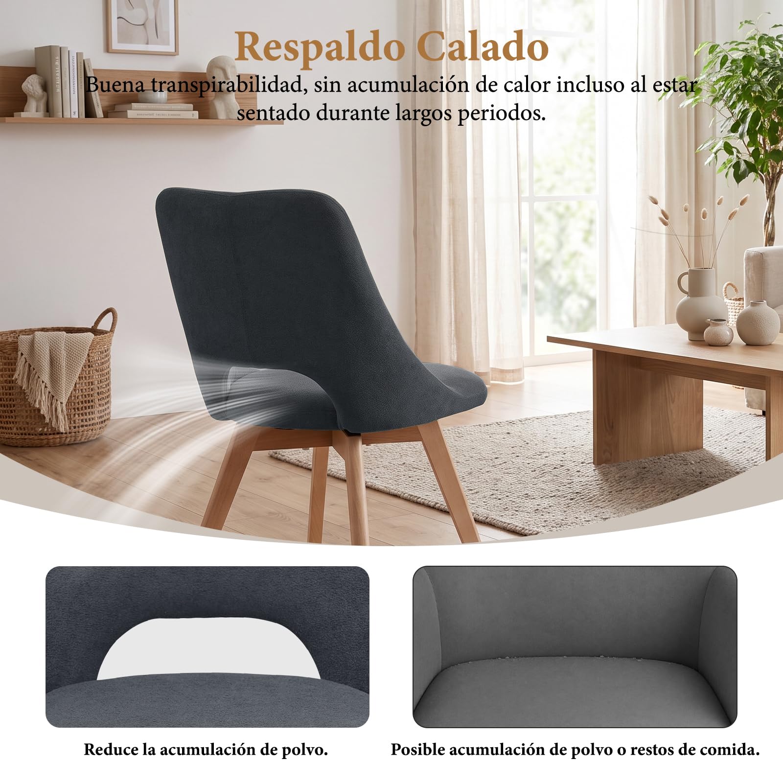 WAFTING Sillas de Comedor Giratorias 360° Acolchadas Pack de 4, Gris Oscuro | Tejido Similcachemir, Pata de Haya, Asiento Ancho de 48 cm, Respaldo Calado, para Comedor, Cocina, Salón y Cafetería
