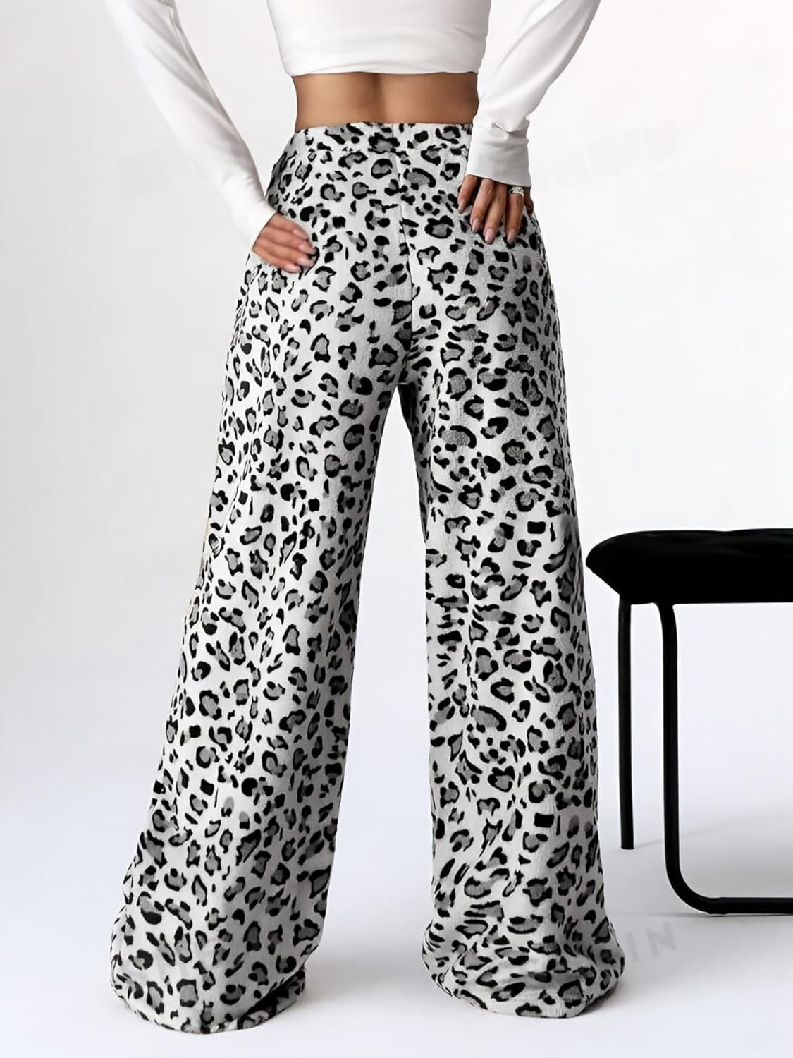 Women Leopard Print Fuzzy Pajama Pants Casual Cozy Drawstring Wide Leg Pants - Image 3