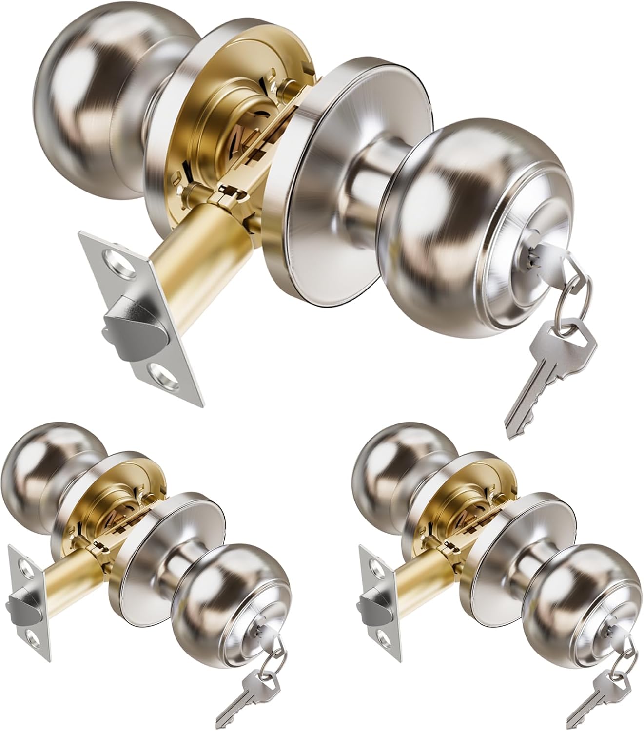 TDCHINGES 3 Pack Keyed Brushed Nickel Door Knob with Lock Key for Bedrooms Bathroom Closet Pantry Office Standard Indoors Interior Exterior Door Knobs for Doors Hardware Replacement House Home Decor