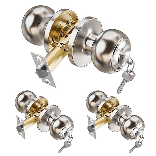 TDCHINGES 3 Pack Keyed Brushed Nickel Door Knob with Lock