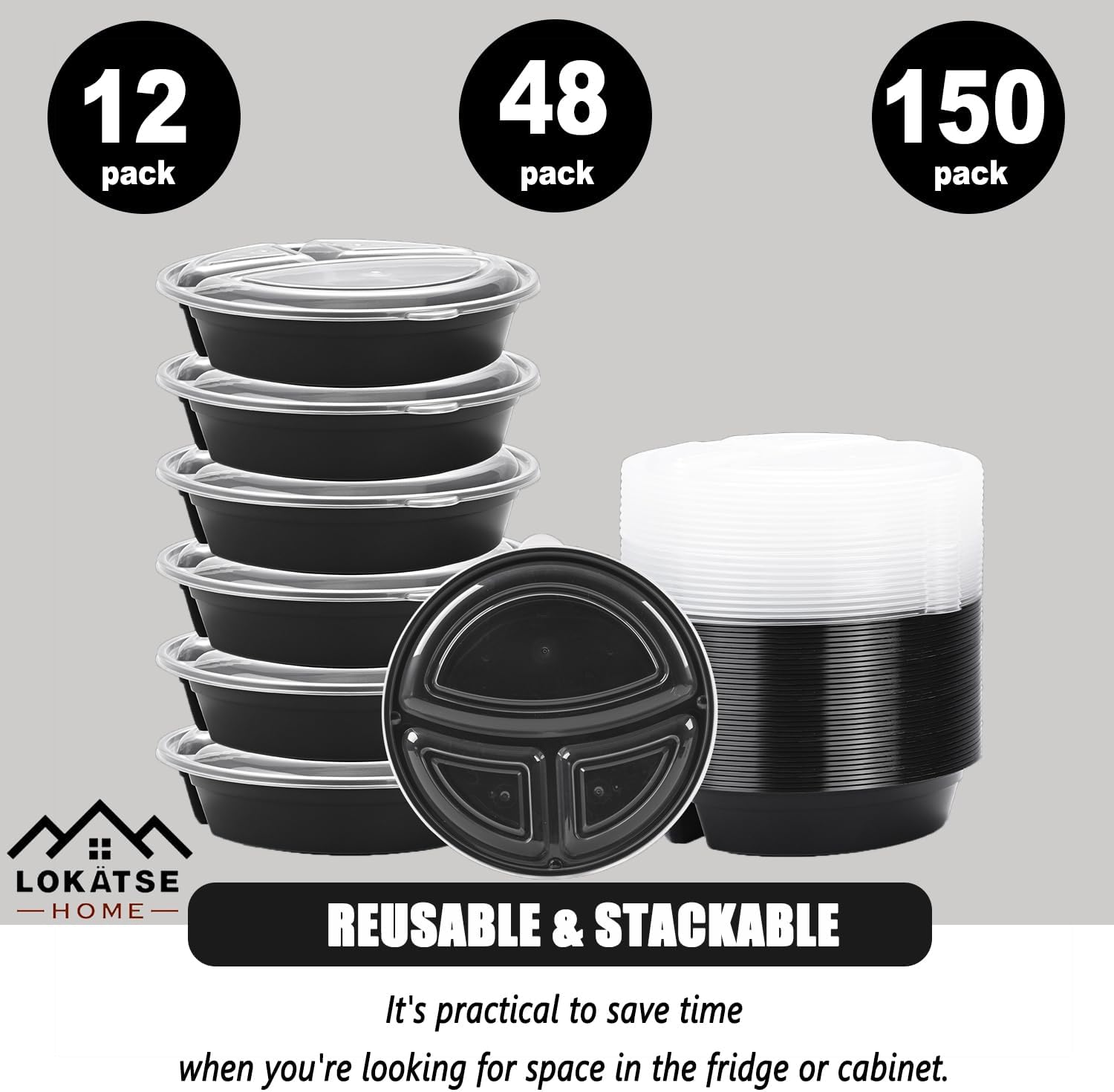 LOKATSE HOME Meal Prep Container Microwave Safe 48 Pack 3 Compartment with Lids, Round Bento Box, Food Storage Durable Stackable Reusable, BPA Free, Freezer, Dishwasher Safe (33 oz)