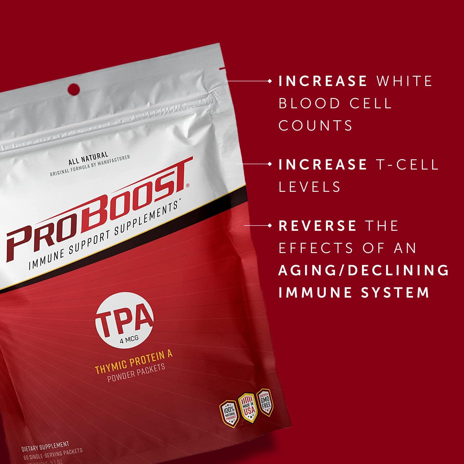 4 McG Thymic Protein A (TPA) Powder Packets - All Natural, Non-GMO, Immune Regulation and Support Supplement - 60 Packets, 4 McG TPA/Serving